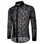 Men's See Through Button Down Collar Shirt Sexy Night Club Party Long Sleeve Lace Sheer Mesh Casual Top(Black,Small)