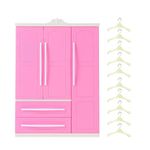 Doll Wardrobe Closet with 10Pcs Hangers Clothing Organizer Decorations Openable Drawer Storage Cabinet Birthday Gifts Pink