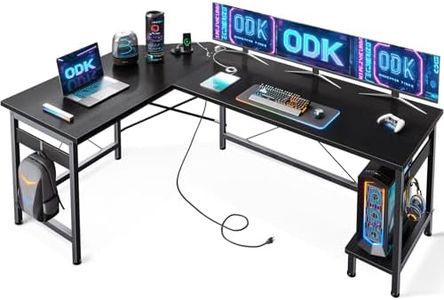 ODK Mesa Gaming con Enchufes y Puertos USB, Escritorio Gaming con Soporte para CPU, Escritorio Esquinero en Forma de L para Oficina en Casa, Negro, 150×120 cm