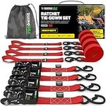 RHINO USA Ratchet Straps Tie Down Kit, 5,208 Break Strength - Includes (4) Heavy Duty Rachet Tiedowns with Padded Handles & Coated Chromoly S Hooks + (4) Soft Loop Tie-Downs