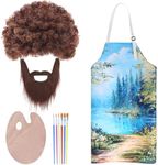 Kyson 80's Painter Costume 10 Pcs Brown Afro Wig Fake Whiskers Aprons Painting Brushes Set for Halloween Couple Cosplay (Set B-4Pcs)