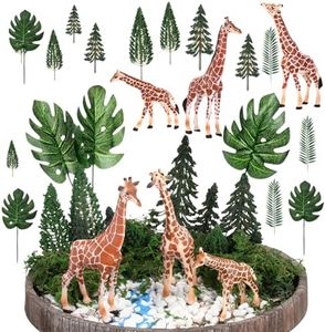 26 Pcs Giraffe Figurines Toys Diorama Project Kit, Plastic Giraffe Statue Decor Jungle Animals with Model Trees Palm Leaves Playset for Birthday Cake Toppers Potted Decor Party Gift