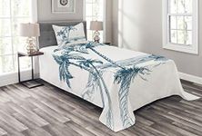 Ambesonne Island Bedspread, Sketch Art of a Tropical Seaside with Palm Trees Fishing Boat Flying Birds, Decorative Quilted 2 Piece Coverlet Set with Pillow Sham, Twin Size, Petrol Blue White
