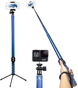 Bluetooth Long Selfie Stick- Super Length Lightweight Extendable Pole from 20'' to 118'' Built-in Wireless Remote Shutter Grip Holder Mount Compatible iPhone Samsung Android Cell Phone(Blue)