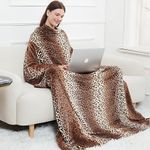 Wearable Fleece Blanket with Sleeves & Foot Pocket for Adult Women Men,Lightweight Soft Plush TV Blanket Wrap Throw with Sleeves and Adjustable Hook & Loop 79" x 67" Leopard(Kangaroo Pocket)