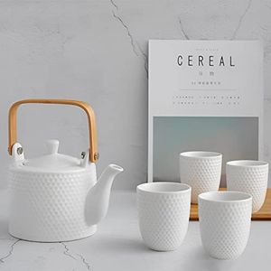 KOPYFANTAP Juego de Tetera y Tazas,Tetera y 4 Tazas de Cerámica,Juego de té Moderno con Diseño Estampado en Relieve Perfecto para Los Amantes del Té y las Familiares,Blanco,900ml