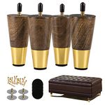 ALAMHI Wood Furniture Leg Sofa Legs 4 Inch Brown Round Tapered Mid-Century Modern Feet with Brass Base Replacement legs for Cabinets,Coffee Table,Ottoman,TV Stand,Loveseat,Armchair Set of 4