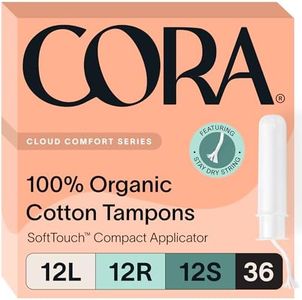 Cora Organic Applicator Tampon Multipack | 12 Light, 12 Regular, 12 Super Absorbency | 100% Organic Cotton, Unscented, BPA-Free Compact Applicator | Leak Protection, Easy Insertion | 36 Total