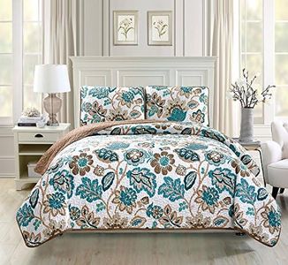 (Full/Queen) - Fancy Collection 3pc Full/Queen Oversize Quilted Coverlet Bedspread Set Floral White Brown Teal Reversible New