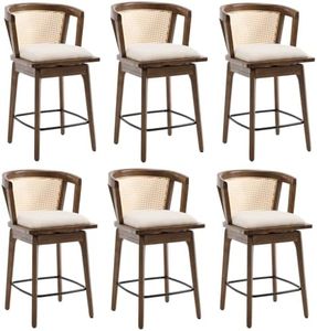 CIMOTA Swivel Rattan Bar Stools Set of 6, 26" Counter Height Bar Stools with Barrel Cane Back and Upholstered Seat, Mid Century Modern Walnut Wood Bar Chairs with Arms for Kitchen Island, Linen Beige