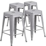 Flash Furniture Commercial Grade 4 Pack 24" High Backless Metal Indoor-Outdoor Counter Height Stool with Square Seat, Plastic, Galvanized Steel, Silver, Set of 4