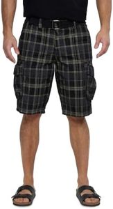 RAW X Mens Belted Cargo Shorts, Relaxed Fit Casual Knee Length Cargo Shorts for Men -Plaid Black -46