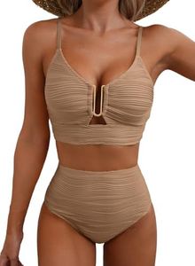 Herseas Women Bikini 2 Piece 2026 Vacation Cutout Bathing Suit Push Up Swimsuit Textured V Neck Swimwear Dark Brown Medium