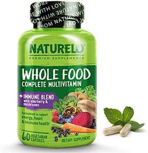 NATURELO Whole Food Multivitamin + Immune Blend with Elderberry & Mushrooms - Complete Multivitamin with Extra Immune Support - C, D3, Zinc, Elderberry, Reishi, Shitake - 60 Vegan Capsules