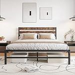 Crocofair Black Queen Bed Frame with Rustic Vintage Wooden Headboard,Mattress Foundation,Heavy Duty Metal Platform,Strong Metal Slats Support,No Box Spring Needed,Easy Assembly,Noise-Free,Brown