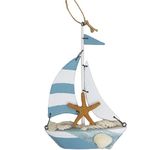 Large Sailboat Coastal Christmas Tree Ornament, Cut Out Boat Shaped Hanging Decoration with Starfish, Seashells and Rope (Blue)