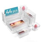 Vtopmart 44 PCS Clear Plastic Drawer Organizers Set, 4-Size Versatile Bathroom and Vanity Drawer Organizer Trays, Non-Slip Storage Containers for Makeup, Jewelries, Bedroom，Kitchen Utensils and Office