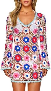 FAIRY SEASON Women's Crochet Beach Cover Up Dress Boho Bell Sleeve 3D Camellia Embroidery for Vacation, Pool Party