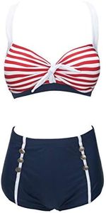 Bslingerie® Women Retro Vintage Push Up High Waisted Bikini Swimsuit Plus Size, Stripes - Red, L