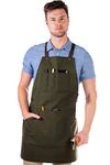 Under NY Sky Essential Green Apron - Heavy Duty Waxed Canvas, Cross-Back, Leather Reinforcement - Adjustable for Men, Women, Pro Mechanic, Welding, Woodwork, Blacksmith, Server Aprons