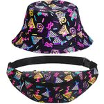 80s 90s Fanny Pack Bucket Hat Set for Women Men Neon Waist Bag 90s Hat Retro Casual Outfit for 1980s/1990s Costume