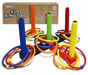 Ring Toss Game for Kids, Indoor & Outdoor Game for Family and Adults with 5 Poles, 2 Bases and 16 Rings in 4 Colors, Soft Foam Toy for Kids Backyard Ring Toss Fun (Black & Red)