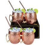 Hossejoy Set of 4 Copper Mugs with Straw Handmade Pure Copper Cocktail Drinking Mug Kitchen Cup for Dining & Entertaining, Great for Gift