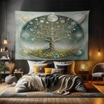 Ambesonne Hippie Tapestry, Mystic Feel Tree of Life Art with Greenery Vines Galaxy Ornated Moons Boho, Fabric Wall Hanging Decor for Bedroom Living Room Dorm, 90" X 60", Teal Pale Sage Green