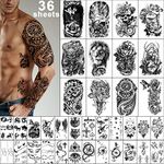 Yazhiji 36 Sheets Temporary Tattoos Stickers, 12 Sheets Fake Body Arm Chest Shoulder Tattoos for Men or Women with 24 Sheets Tiny Black