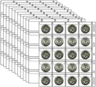 10 Sheets Coin Collection Pages, Coins Pocket Page with 200 Pockets, Coin Binder Inserts Sleeves with Standard 9 Hole for Coin Album. Storage Holder for Currency, Stamp and Other Supplies (20-Pocket)