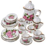 Toyvian 15Pcs Dollhouse Tea Set - 1:12 Scale Miniature Porcelain Flower Tea Cup Teapot Mini Teaware Dollhouse Kitchen Accessories