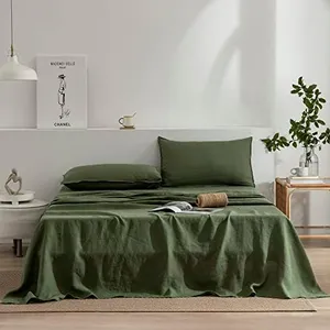 EVERLY Linen Queen Sheets Set, 100% Stonewashed French Linen Bed Sheets Deep Pocket Sheets, 4 Pieces (1 Flat Sheet, 1 Fitted Sheet, 2 Pillowcases) Natural Flax Bedding Set-Mossy Green