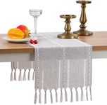 GSG Boho Small Table Runner for Home Decor, 36" Long Farmhouse Rustic Linen Table Runner with Tassels, Handmade Bohemia Short Table Runner for Dining Bedroom Decoration, Grey, 13x36 Inches