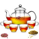 Kyraton 1000ml Glass Teapot with Removable Infuser & Blooming and Loose Leaf Tea Maker and 4 Glass Teacups Set, Stovetop & Microwave Safe Tea Kettle.