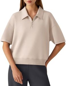 G4Free Women's Polo Shirts Short Sleeve V-Neck with 1/4 Zip Collar Shirts Drop Shoulder Tops Supre Soft for Golf Tennis(Light Khaki,XXL)