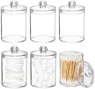 6 Pack Qtip Dispenser Apothecary Jars Bathroom, Qtip Holder Storage Canister Clear Plastic Acrylic Jar for Cotton Balls, Cotton Swabs, Cotton Rounds, Floss Picks, Hair Clips,12 Oz