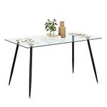 COSTWAY Glass Dining Table, 110x70cm/130x70cm Modern Rectangular Kitchen Tables with Tempered Glass Table Top, Wood Grain Metal Legs & Adjustable Foot Pads for Home Office (Black, 130x70x75cm)