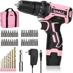 SHALL 43-Piece Pink Cordless Drill Set, 12V Electric Drill, 3/8" Keyless Chuck, 2Ah Li-ion Battery, 8 HSS Drill Bits & 32 Screwdriver Bits Included, for Drilling Wood/Metal, Women DIY Projects