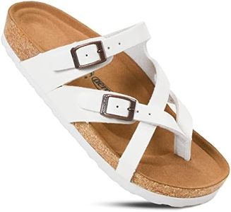 AEROTHOTIC Memory Foam Cork Footbed Slides for Women Sandals with +Comfort & Arch Support (Celestis White, size 9)