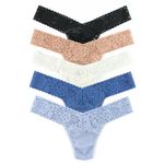 hanky panky, Daily Lace Low Rise Thong 5 Pack, One Size (2-12) Black, Taupe, Marshmallow, Stormcloud Blue, Grey Mist