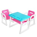MOREYAJI Plastic Foldable Study Desk For Kids Play Table And Chair Set With Storage Rack Desk For Toddlers & Preschoolers, Multifunctional Desk Set For 2-10 Years Kids (2 Chair Study Table Pink)
