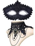 Black Venetian Mask Masquerade Mask with Elegant Vintage Princess Lace Gothic Necklace Pack of 2