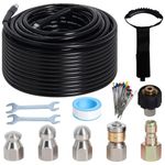 100FT Sewer Jetter Kit for Pressure Washer, 5800PSI Drain Cleaner Hose 1/4 Inch NPT Corner with 4 Sewer Jetting Nozzles，Waterproof Tape,Pearl Corsage Pin,Handle Strap & 2 Spanners (Black)