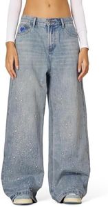 Aelfric Eden Rhinestone Application Loose Jeans Oversized High Waist Casual Baggy Denim Pants Blue