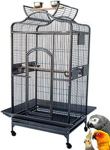 Extra Large Elegant Wrought Iron Open/Close Dome Top Perch Stand Bird Parrot Finch Macaw Cockatoo Rolling Cage (BlackVein, 35.5" W x 29.5" D x 62" H)