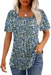 T Shirts for Women Pleated Dressy Casual Summer Short Sleeve Blouse for Women Cute Square Neck Tops Floral Blue S