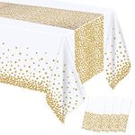 MOKANI Plastic Disposable Tablecloths, 4 Pack Party Table Cover, White and Gold Dot Confetti Rectangular Table Cloths for Parties, Picnic, Christmas, Birthday Baby Shower Decorations 54" x 108"