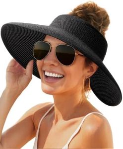 FURTALK Sun Hats for Women Wide Brim Beach Hat Straw Visor Ponytail Summer UV Packable Foldable Beach Vacation Essentials Black