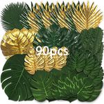 90 Pieces 11 Kinds Fake Leaves Monstera LeavesArtificial Palm Leaves Tropical Party Decorations Jungle Safari Leaves With Faux Stem For Hawaiian Luau Party Jungle Beach Table Leave Decorations