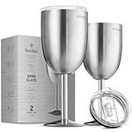 FineDine Premium Grade 18/8 Stainless Steel Wine Glasses 12 Oz. Double-Walled Insulated Unbreakable Goblets (Set of 2) Stemmed Wine Glass BPA-Free Leak Resistant Lid for Red White Wine, Brushed Metal